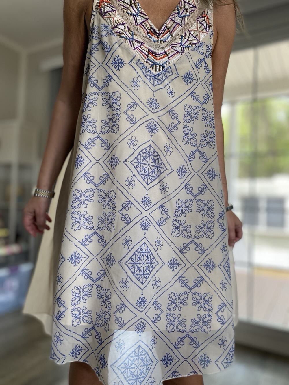 FREE PEOPLE Ancient Mystery Beaded Sequin Shift Dress Beige Women’s L